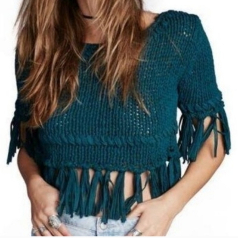 Free People Teal On The Fringe Crop Top Knit Sweater, Boho, Cottagecore, Size XS - Picture 2 of 9